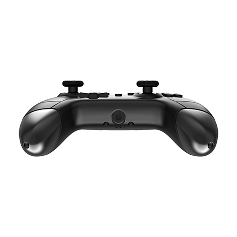 Schwarzer Wireless-Controller für Videospiele in der Vorderansicht auf weißem Hintergrund.