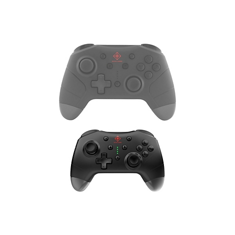 Zwei schwarze Gaming-Controller mit rotem Deltaco-Logo, einer hellgrau schattiert, einer in kräftigem Schwarz.