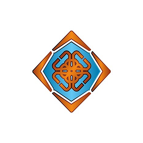 Quadratisches Logo mit orangefarbenem Rahmen, blauem Hintergrund und einem verschlungenen, goldenen Ornament.