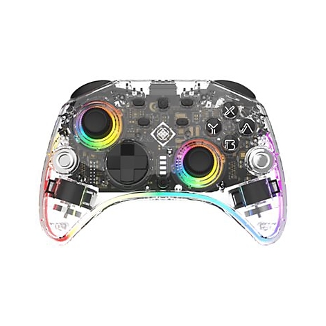 Transparenter Gaming-Controller mit bunter RGB-Beleuchtung um die Analogsticks.