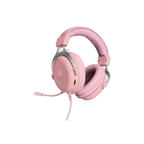 Ein hellrosa Gaming-Headset mit Kopfbügel und Mikrofon vor weißem Hintergrund.
