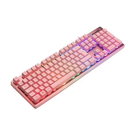 Rosa Gaming-Tastatur mit RGB-Beleuchtung auf weißem Hintergrund.