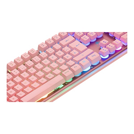 Nahaufnahme einer mechanischen Tastatur in Pastellrosa mit bunter LED-Beleuchtung unter den Tasten.