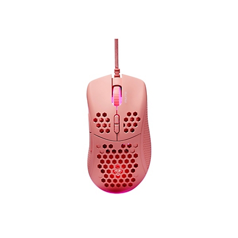 Rosa Gaming-Maus mit Wabenmuster und Kabel vor weißem Hintergrund.
