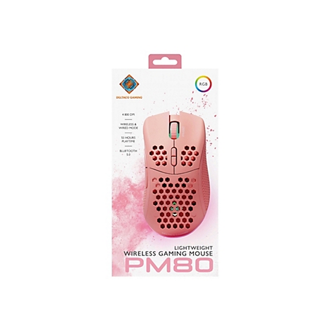 Rosa Gaming-Maus PM80 von Deltaco Gaming mit Wabenmuster in der Verpackung.