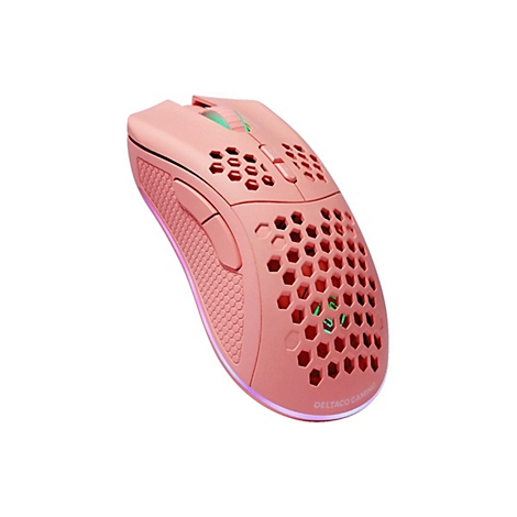 Hellrosa Gaming-Maus mit Wabenmuster und LED-Beleuchtung.