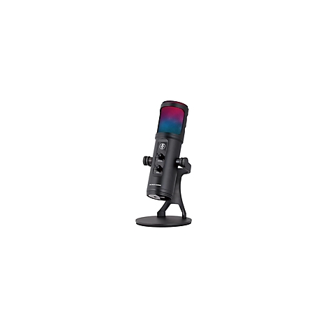 Schwarzes Mikrofon auf einem Ständer, das RGB-Licht emittiert. Es verfügt über Knöpfe und einen runden Sockel.