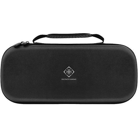Étui de transport noir pour console de jeu avec logo et poignée.