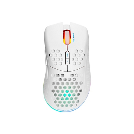 Weiße Gaming-Maus mit Wabenmuster, RGB-Beleuchtung und Deltaco Gaming Logo auf weißem Hintergrund.