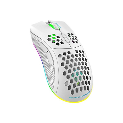 Weiße Gaming-Maus mit Wabenmuster-Gehäuse, RGB-Beleuchtung und seitlichen Daumentasten auf weißem Hintergrund.