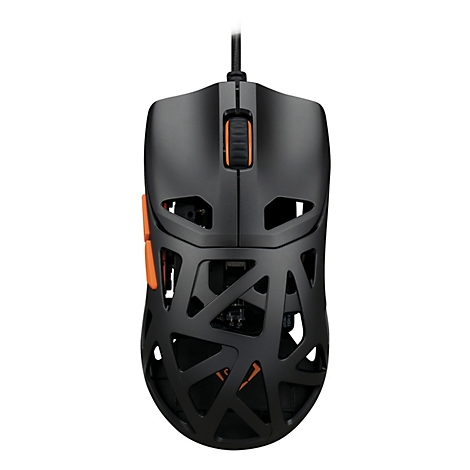 Schwarze Gaming-Maus mit orangefarbenen Akzenten und offenem Design.
