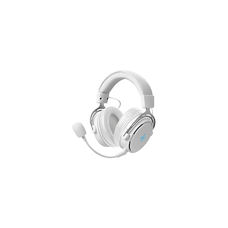 Casque blanc avec microphone, accents argentés et logo bleu. Les oreillettes et le bandeau sont rembourrés.