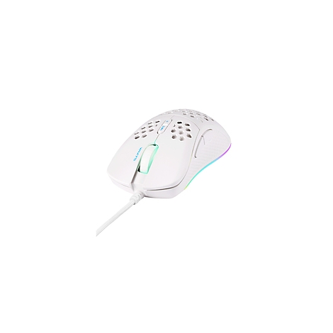 Weisse Gaming-Maus mit Wabenmuster, RGB-Beleuchtung und Kabel.