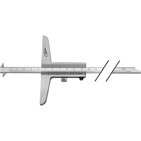Metal depth gauge with scale, screw, and wing pattern.