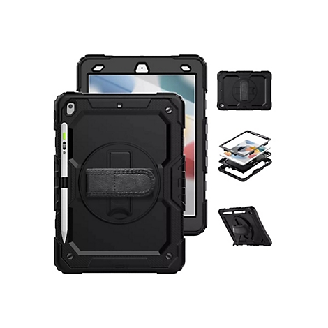 Schwarze Tablet-Schutzhülle mit Halterung und Stifthalterung, Zubehör für Tablets. Darstellung mit Details.