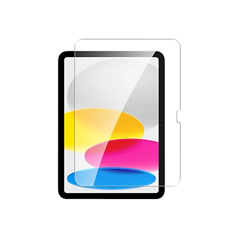Ein Tablet mit aufgebrachter Displayschutzfolie, auf weißem Hintergrund. Verschiedene Farben auf dem Display.