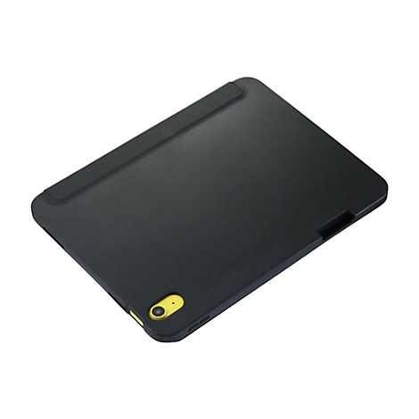 Schwarze Schutzhülle für ein Tablet mit gelber Kameraeinfassung auf weißem Hintergrund.
