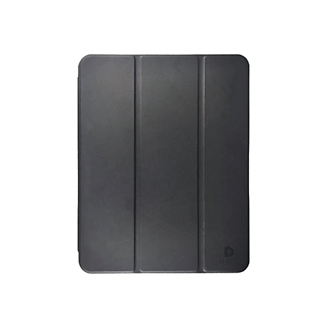 Schwarzes, dreiteilig faltbares Tablet-Schutzcover mit geprägtem DEOSTER-Logo auf weißem Hintergrund.