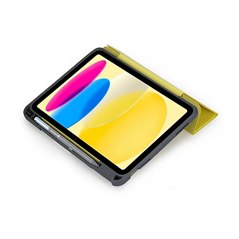 Ein graues Tablet mit einer gelben Hülle, einem Stift, der in die Seite eingesetzt ist, und einem farbenfrohen Hintergrund.