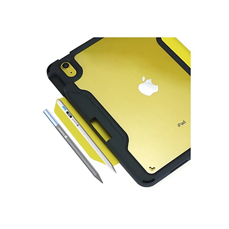 Ein gelbes iPad in einer schwarzen Schutzhülle mit einem silbernen Eingabestift daneben.