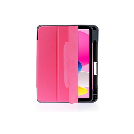 Tablet in einer schützenden pinken Hülle vor weißem Hintergrund.