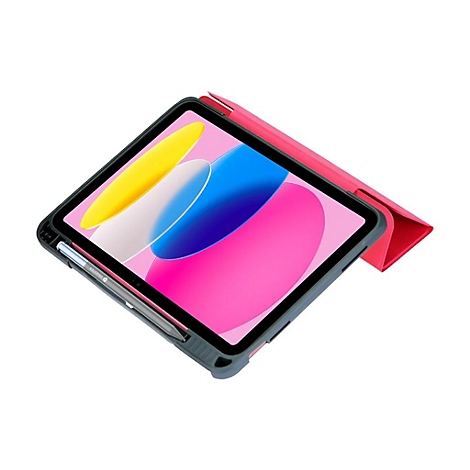 Tablet in pinker Schutzhülle mit integriertem Stift auf weißem Hintergrund.