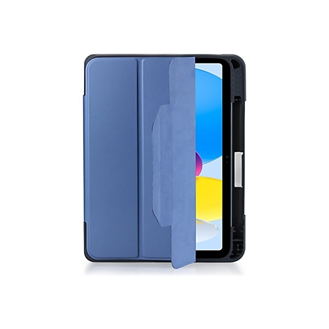 Ein blaues Tablet-Case mit aufgeklapptem Cover vor weißem Hintergrund.