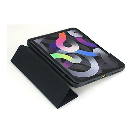 Ein schwarzes iPad mit einer Schutzhülle, die teilweise aufgeklappt ist. Auf dem Bildschirm ist ein buntes abstraktes Muster zu sehen.