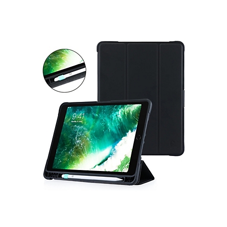 Schwarze Tablet-Hülle mit Stifthalter, aufgestellt mit Tablet. Detailansicht zeigt die Stiftaufnahme.