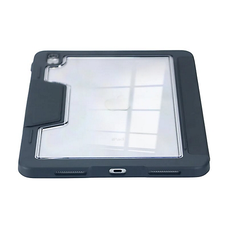 Dunkelgraue iPad-Hülle mit transparentem, rechteckigem Einsatz. Aufschrift iPad.