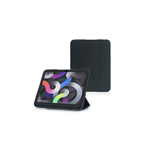 Ein dunkelblaues Tablet mit Hülle, das auf einem Ständer steht, zeigt einen bunten Bildschirm, daneben eine geschlossene Hülle.