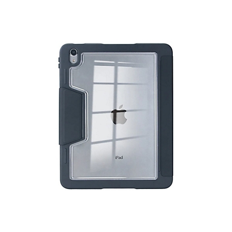 Dunkelgraue iPad-Hülle mit durchsichtiger Rückseite, Apple-Logo und Kameraausschnitt.