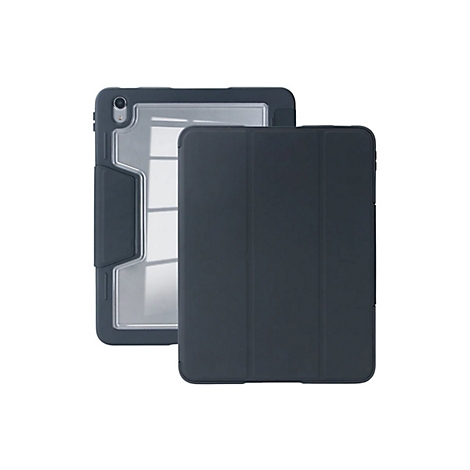 Dunkelgraue iPad-Hülle, die offen neben der geschlossenen Hülle liegt, mit klarem, durchsichtigem Rückenteil. 