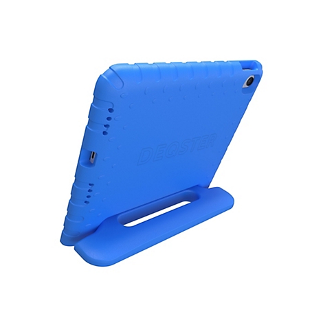 Blaues Tablet-Schutzgehäuse mit integriertem Ständer und DEQSTER-Schriftzug auf weißem Hintergrund.