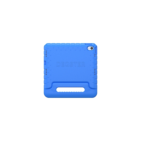 Hellblaue iPad-Hülle mit dem Schriftzug "DEQSTER" und Griff.
