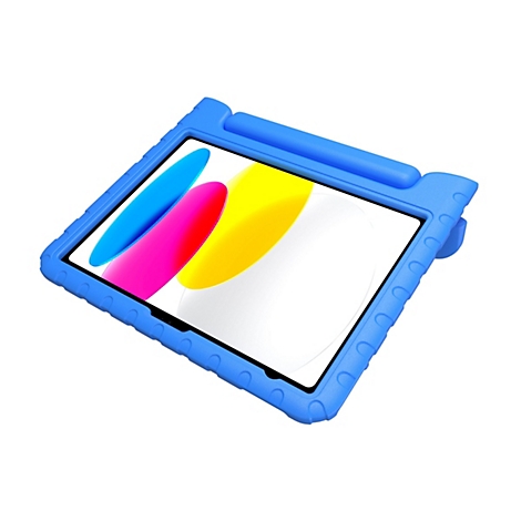 Blaues Tablet-Schutzcase aus Silikon mit Griff, schräg von oben auf weißem Hintergrund.