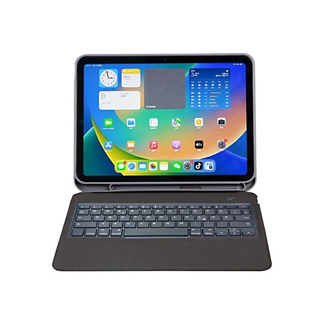 Ein Tablet mit angeschlossener Tastatur, das im Querformat auf einer Oberfläche liegt. Auf dem Bildschirm sind Apps und Widgets sichtbar.
