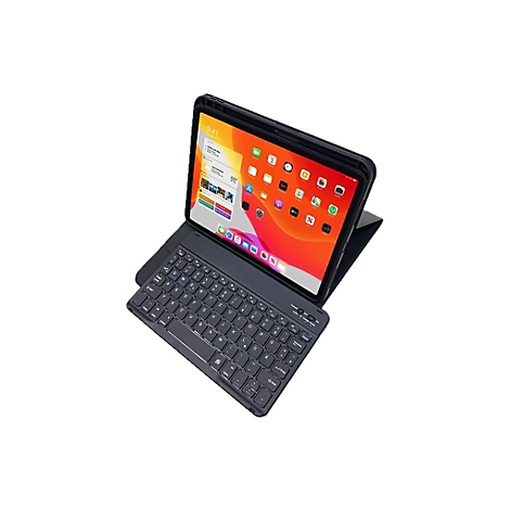 Tablet in schwarzer Schutzhülle mit integrierter Tastatur vor weißem Hintergrund.