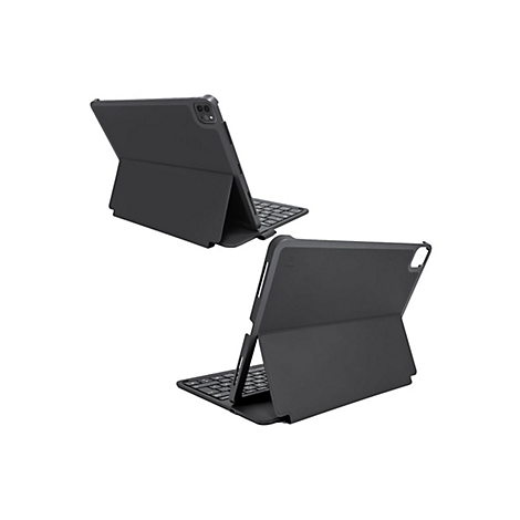 Zwei schwarzgraue Tablet-Hüllen mit Tastatur, schräg von oben und unten abgebildet.