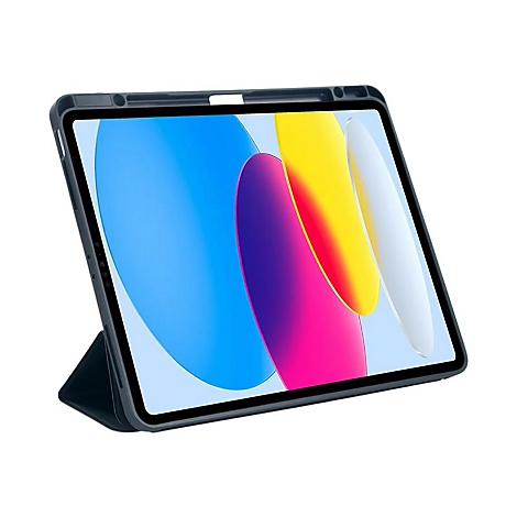 Dunkelblaues Tablet in einer Schutzhülle, schräg aufgestellt vor weißem Hintergrund.