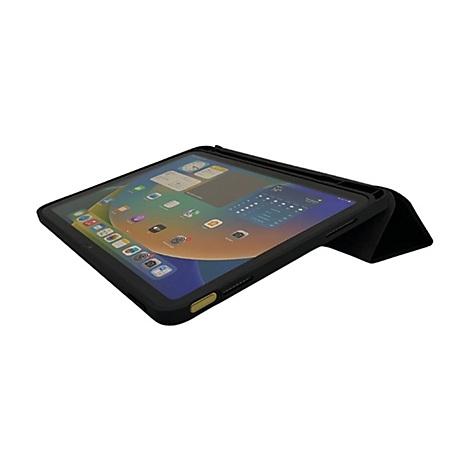 Schwarzes Tablet in Schutzhülle, leicht angewinkelt auf weißem Hintergrund.