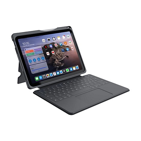 Ein graues Tablet mit angebrachter Tastatur, offen, mit Apps auf dem Bildschirm. Im Hintergrund eine weiße Fläche.