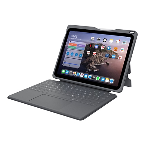 Ein graues Tablet mit einer angeschlossenen Tastatur liegt vor weißem Hintergrund. Das Tablet zeigt Apps an, die auf dem Bildschirm zu sehen sind, und die Tastatur ist mit Buchstaben versehen.