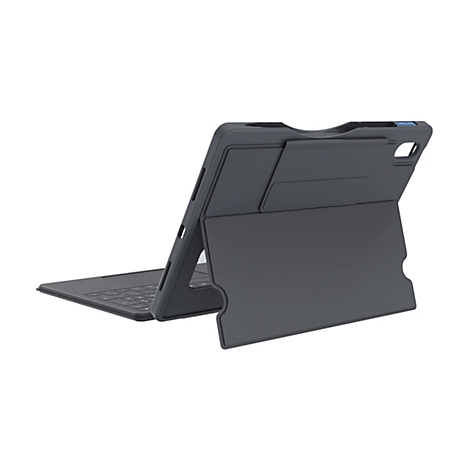 Dunkelgraue Tablet-Hülle mit integrierter Tastatur. Rückansicht, Tastatur teilweise ausgeklappt.