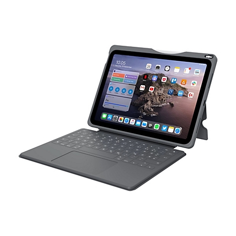 Graues Tablet in einer Schutzhülle mit integrierter Tastatur und Touchpad vor weißem Hintergrund.