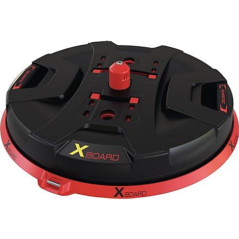 Appareil rond noir avec un bord rouge et un centre rouge. "XBOARD" est étiqueté en jaune et rouge.