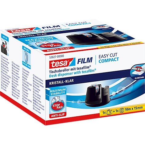 Emballage de distributeur de bureau Tesa Film, blanc et bleu. Image du produit du ruban adhésif, distributeur noir, lettrage.