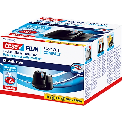 Emballage d'un distributeur de ruban adhésif de bureau Tesa Film. Inscription: tesa FILM, EASY CUT COMPACT, CRYSTAL CLEAR, Stop Pad, Anti-Slip.