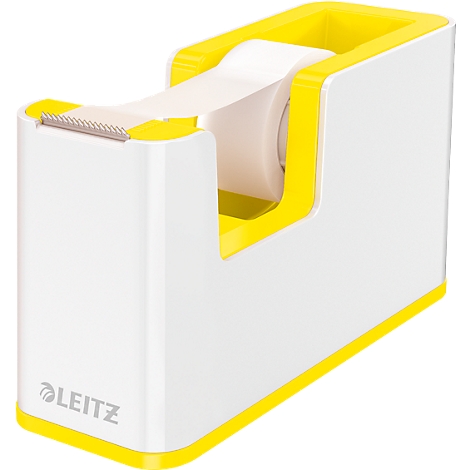 Distributeur de ruban adhésif blanc et jaune avec l'inscription 'LEITZ'.
