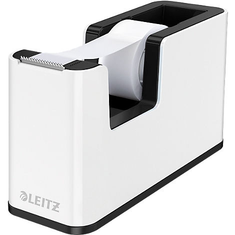 Distributeur de ruban adhésif blanc avec bordure noire et l'inscription LEITZ.